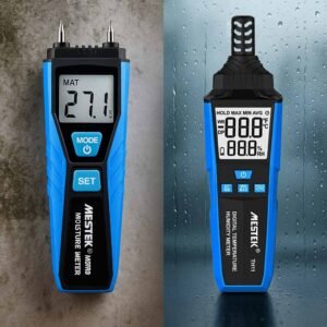 The image shows a comparison between a hygrometer and a moisture meter.