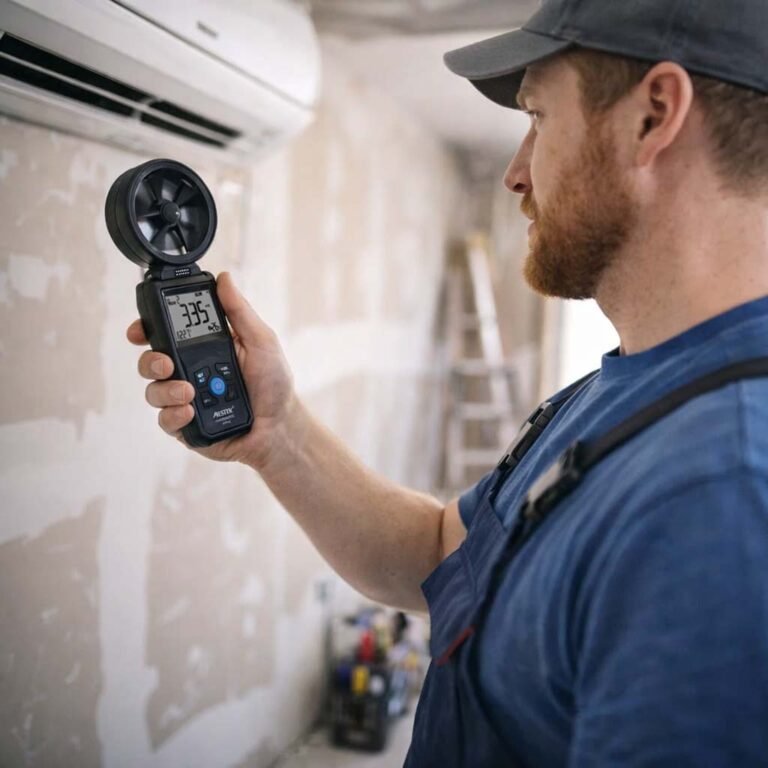 HVAC technician measuring air velocity from a wall-mounted air conditioner using a handheld anemometer on a renovation site.