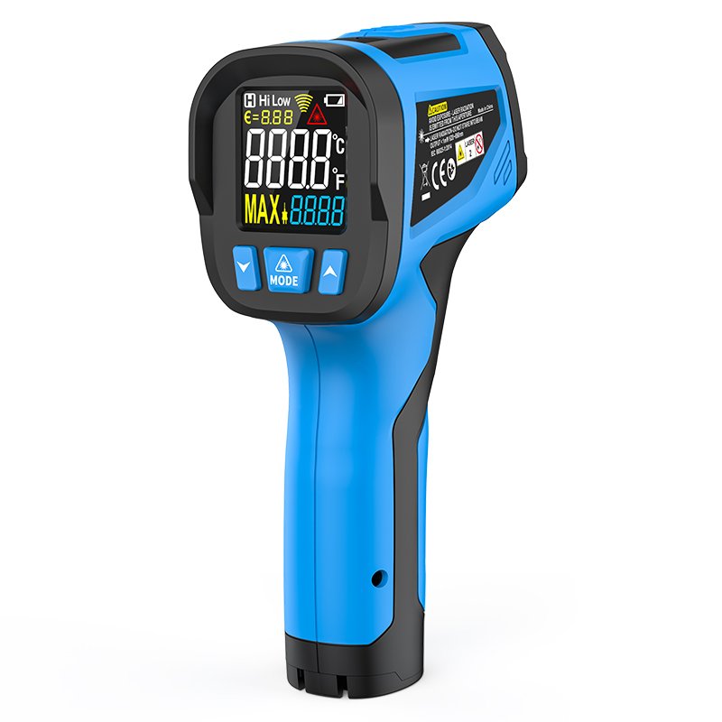The image depicts details of the IR06 handheld infrared laser thermometer.