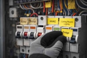 Maintenance personnel are replacing the labels on the circuit breaker.