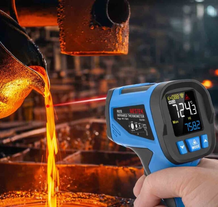The image depicts a pyrometer measuring the temperature of a furnace.