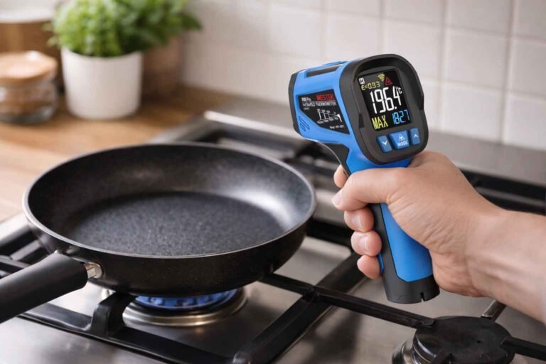 A kitchen thermometer is testing the temperature of a frying pan.