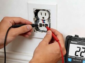 The picture depicts a worker using a multimeter to check for socket malfunctions.