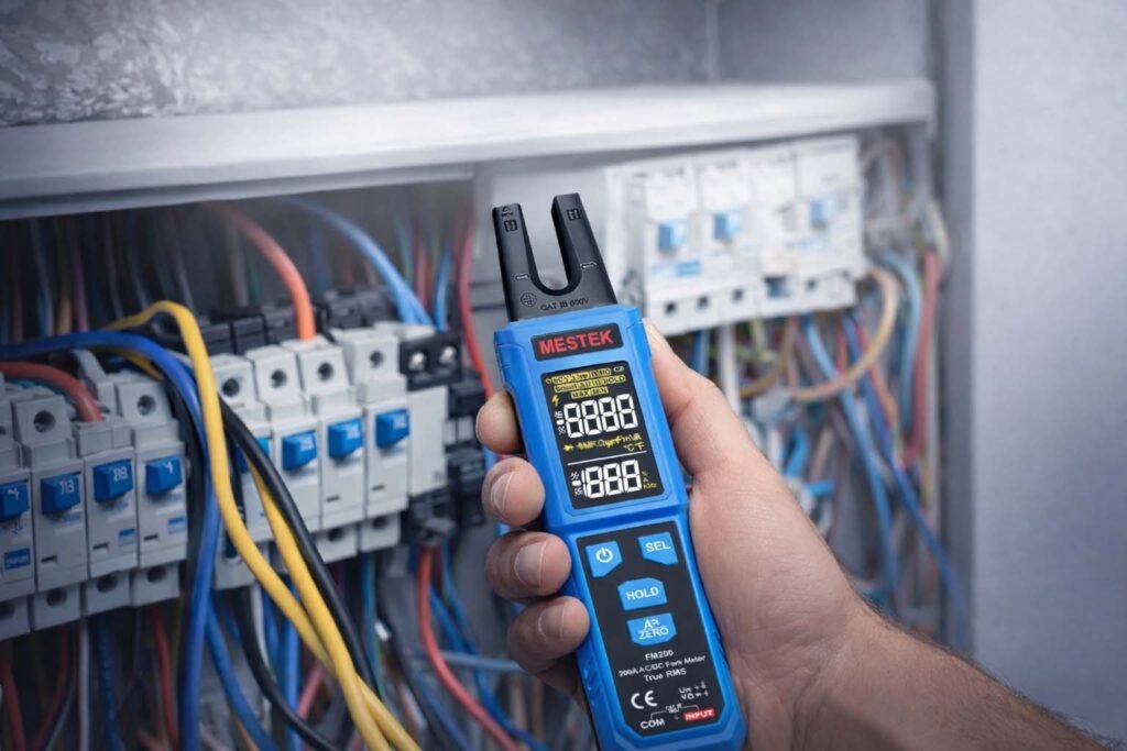 An electrician is using a fork meter to check a circuit breaker.