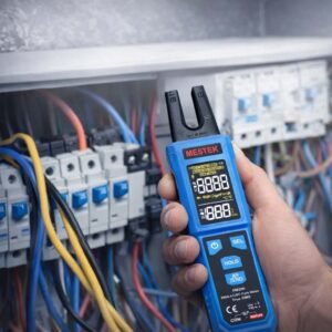 An electrician is using a fork meter to check a circuit breaker.