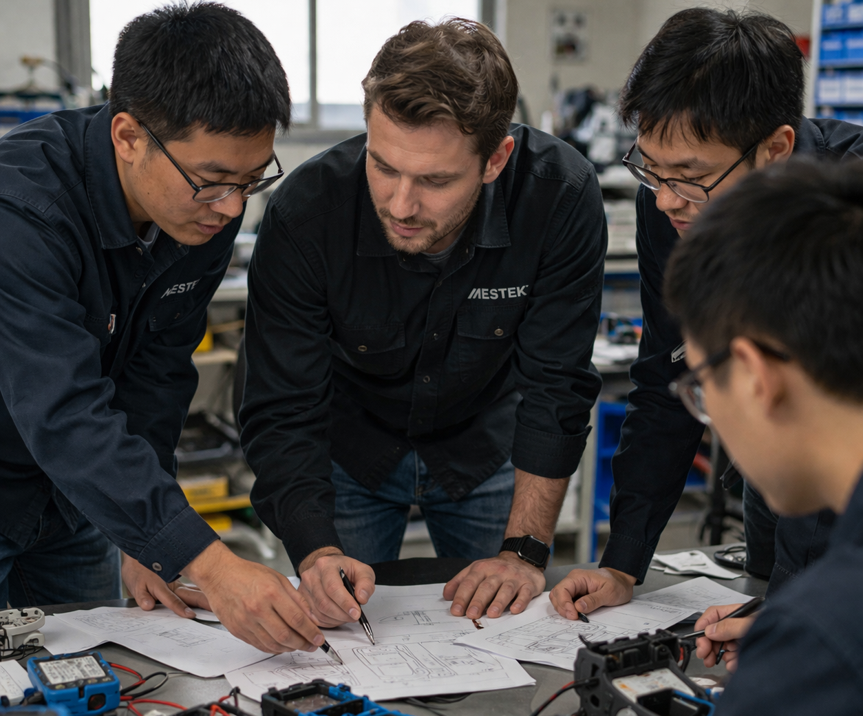 Engineers at MESTEK Instruments are discussing the functional design of the instrument.