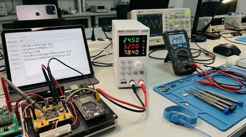 The image illustrates the application of programmable power supply in real-world scenarios.
