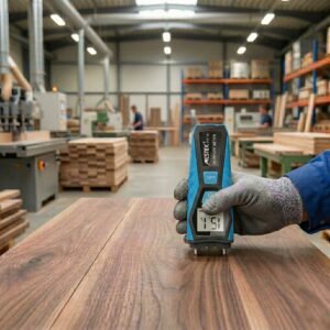 wood moisture control using a handheld moisture meter to measure moisture levels in wooden boards.