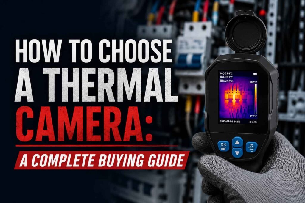 The image illustrates how to use a thermal camera to test a home circuit breaker.