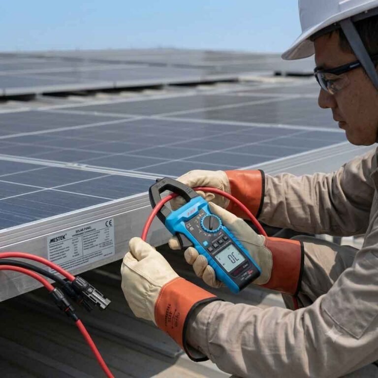 Clamp meter for solar panels used to measure DC current in photovoltaic installations