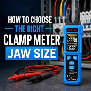 Clamp meter jaw size guide showing a MESTEK clamp meter in an electrical panel for current measurement
