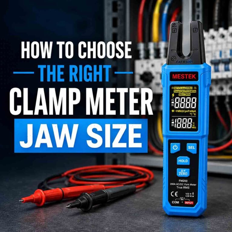 Clamp meter jaw size guide showing a MESTEK clamp meter in an electrical panel for current measurement