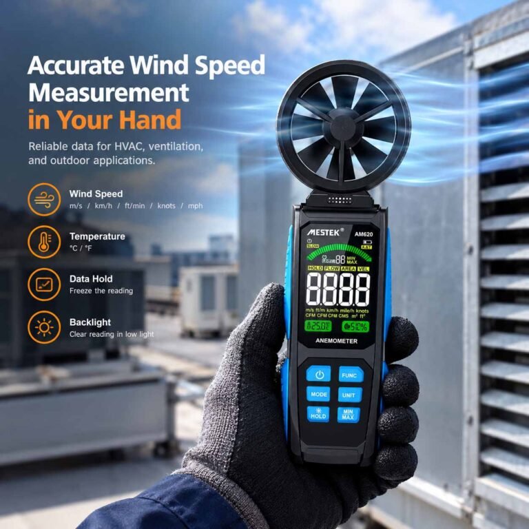 Handheld MESTEK AM620 anemometer used to measure wind speed accurately in an outdoor environment.