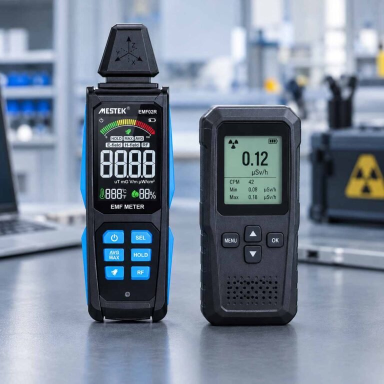 EMF meter vs Geiger counter: MESTEK EMF02R beside a handheld radiation detector on a laboratory bench.